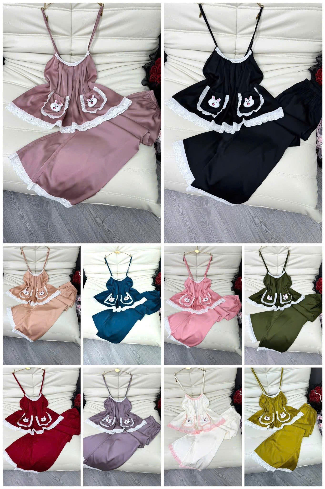 Bộ ngủ 2 dây lụa latin ren cotton mềm thỏ bông dưới 65kg
