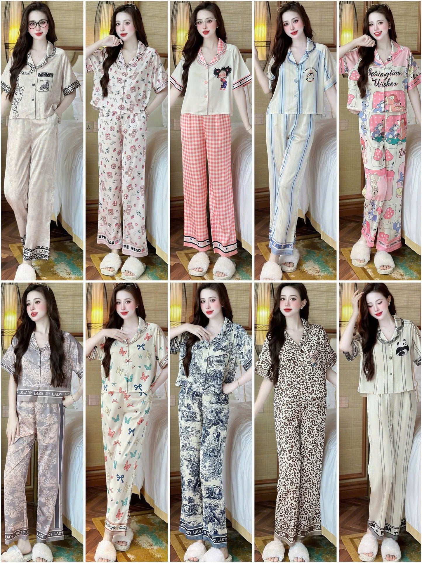 Bộ ngủ tay ngắn áo croptop lụa latin cao cấp