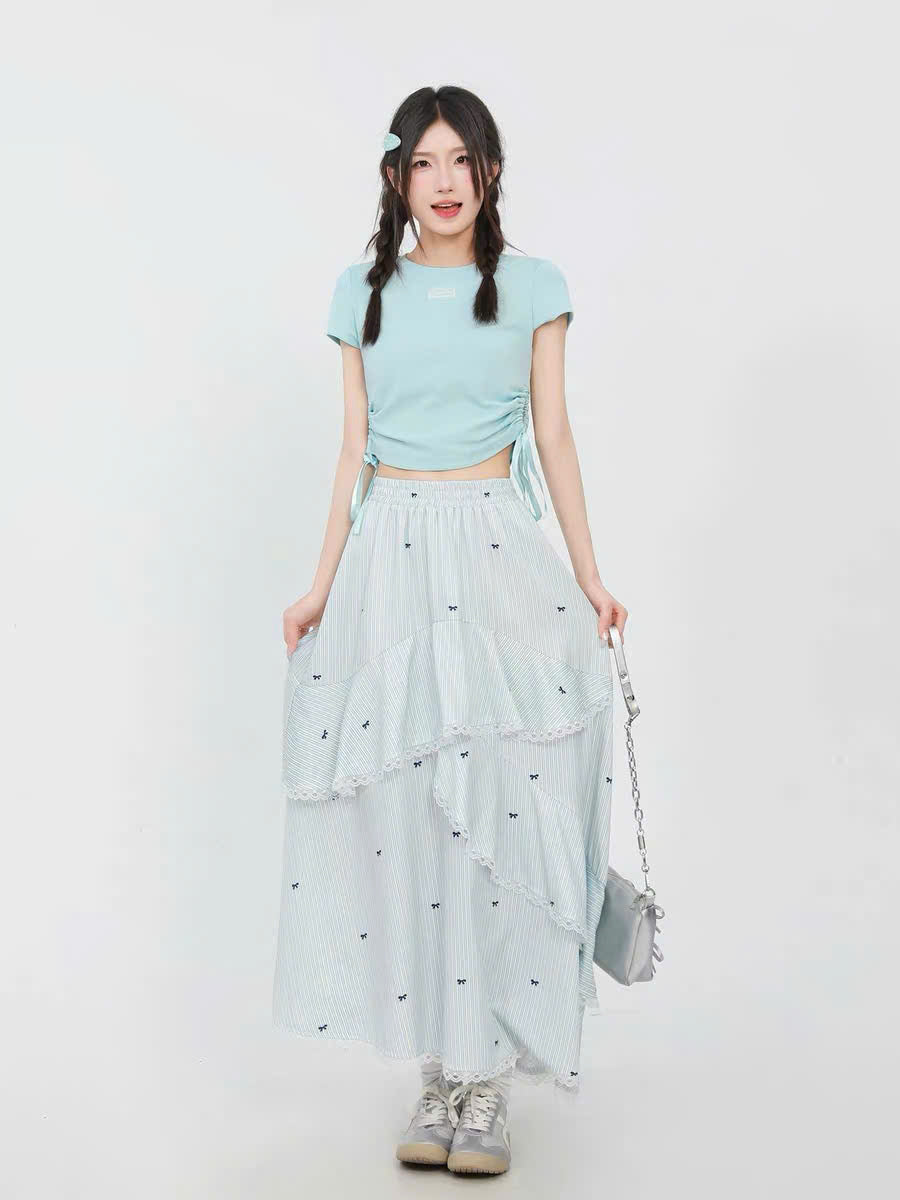 Set áo croptop xanh và chân váy nơ dài nhí (có tách lẻ)