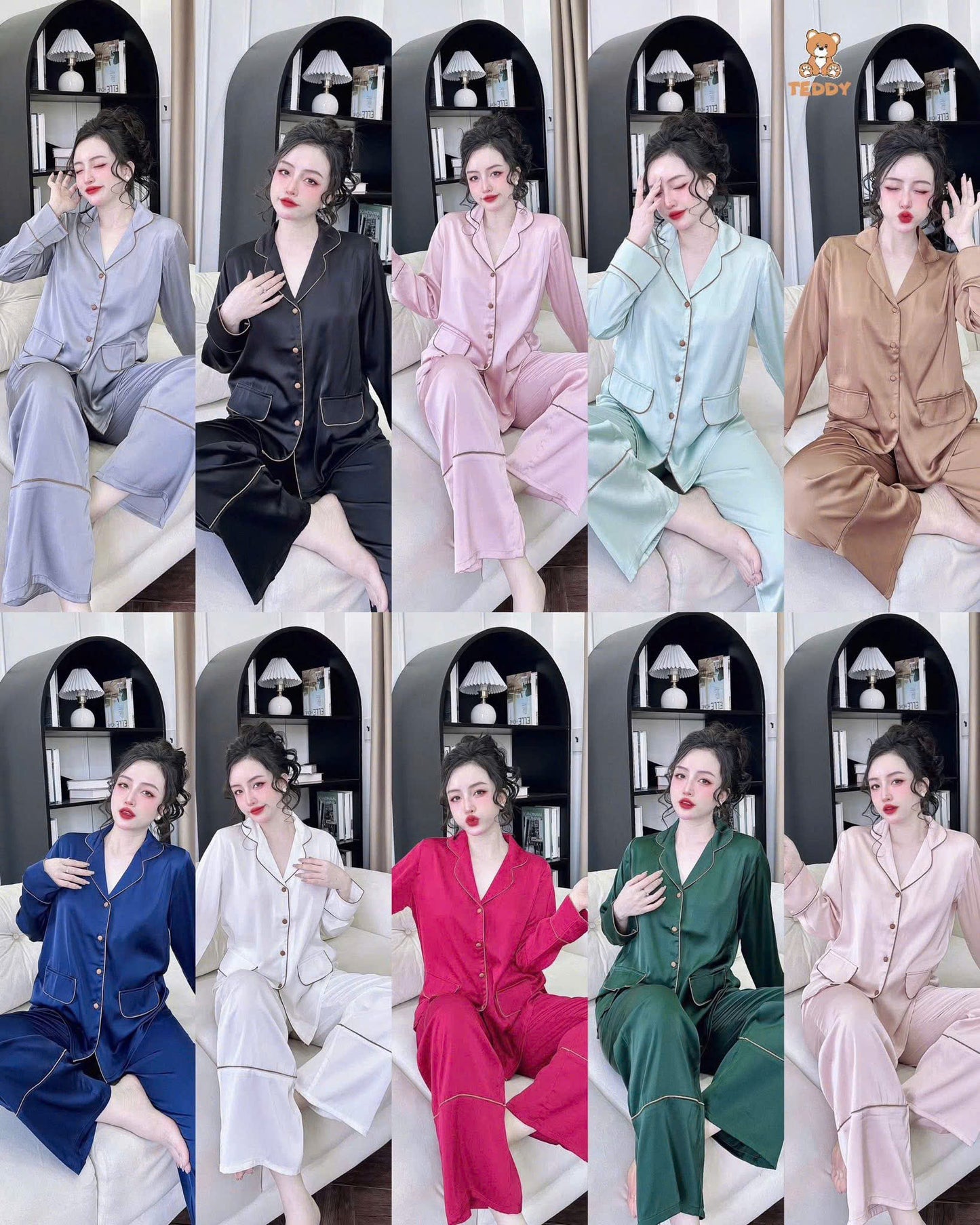 Bộ ngủ tay dài trơn TEDDY 2 túi viền lé lụa cao cấp