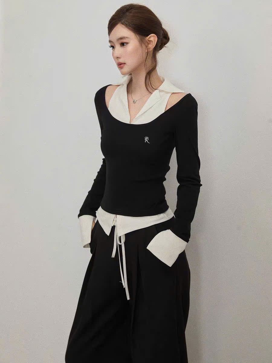 Áo tay dài phối cổ sơ mi khoét vai đen trắng