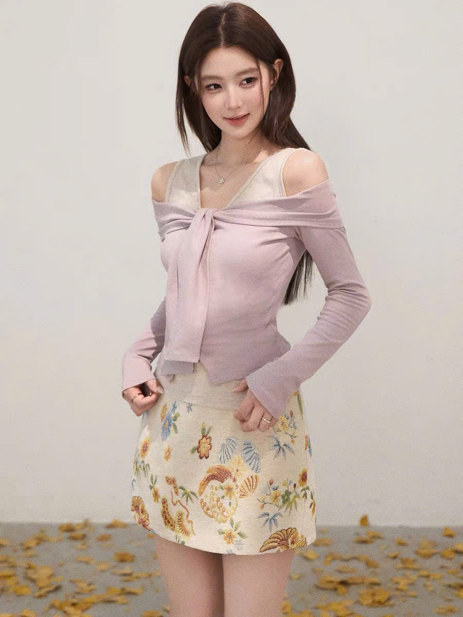 Áo tay dài khoét vai phối voan cột dây tím ngọt ngào