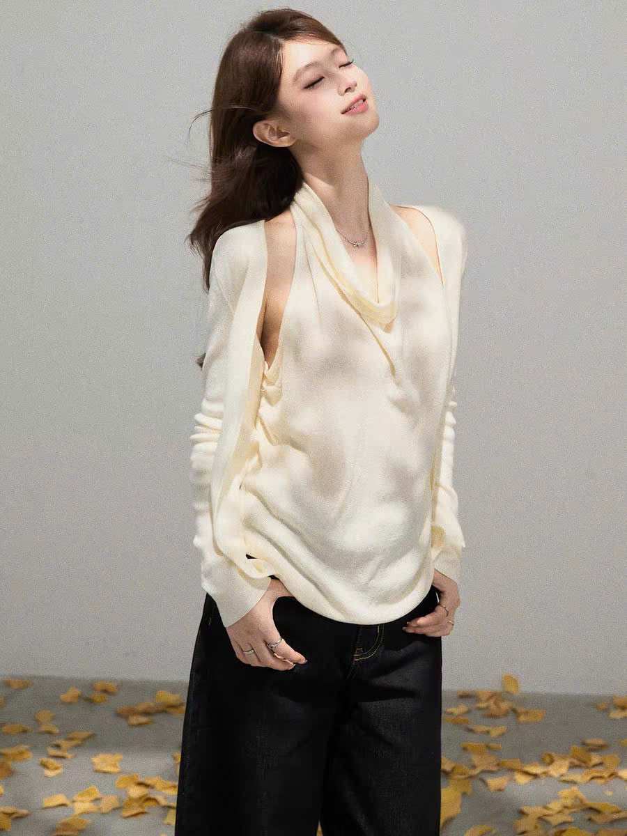 Áo cổ yếm đổ tay dài màu kem