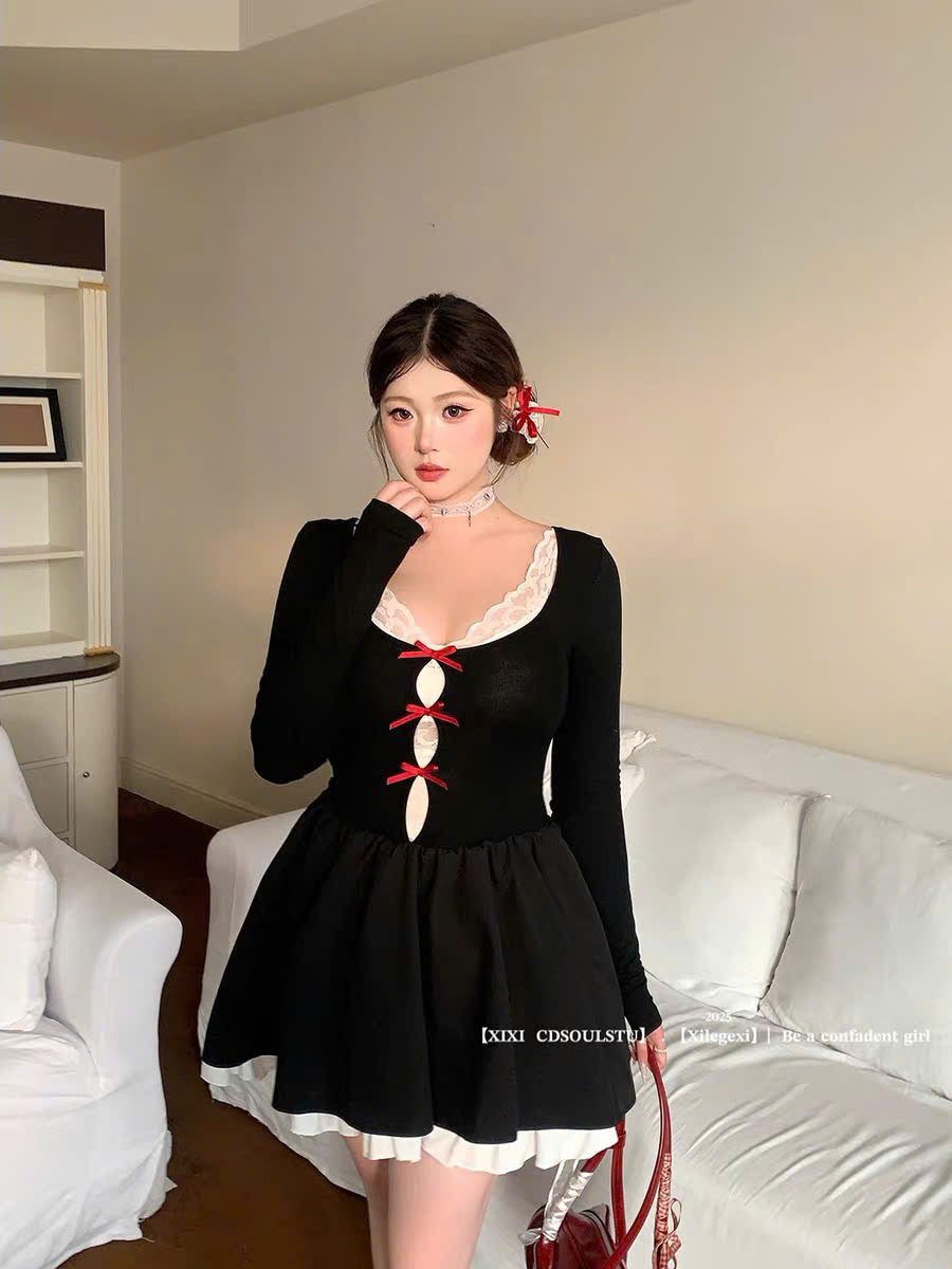(Có Bigsize) Đầm đen phối ren nơ đỏ tay dài