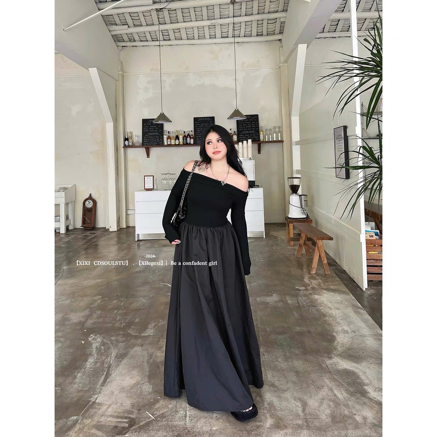 (Có Bigsize) Đầm đen dài trễ vai tay dài