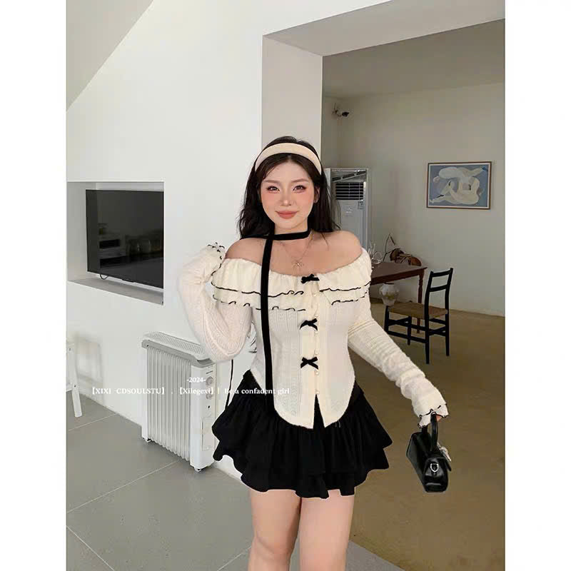 (Có Bigsize) Set áo trễ vai nơ và chân váy ngắn xòe
