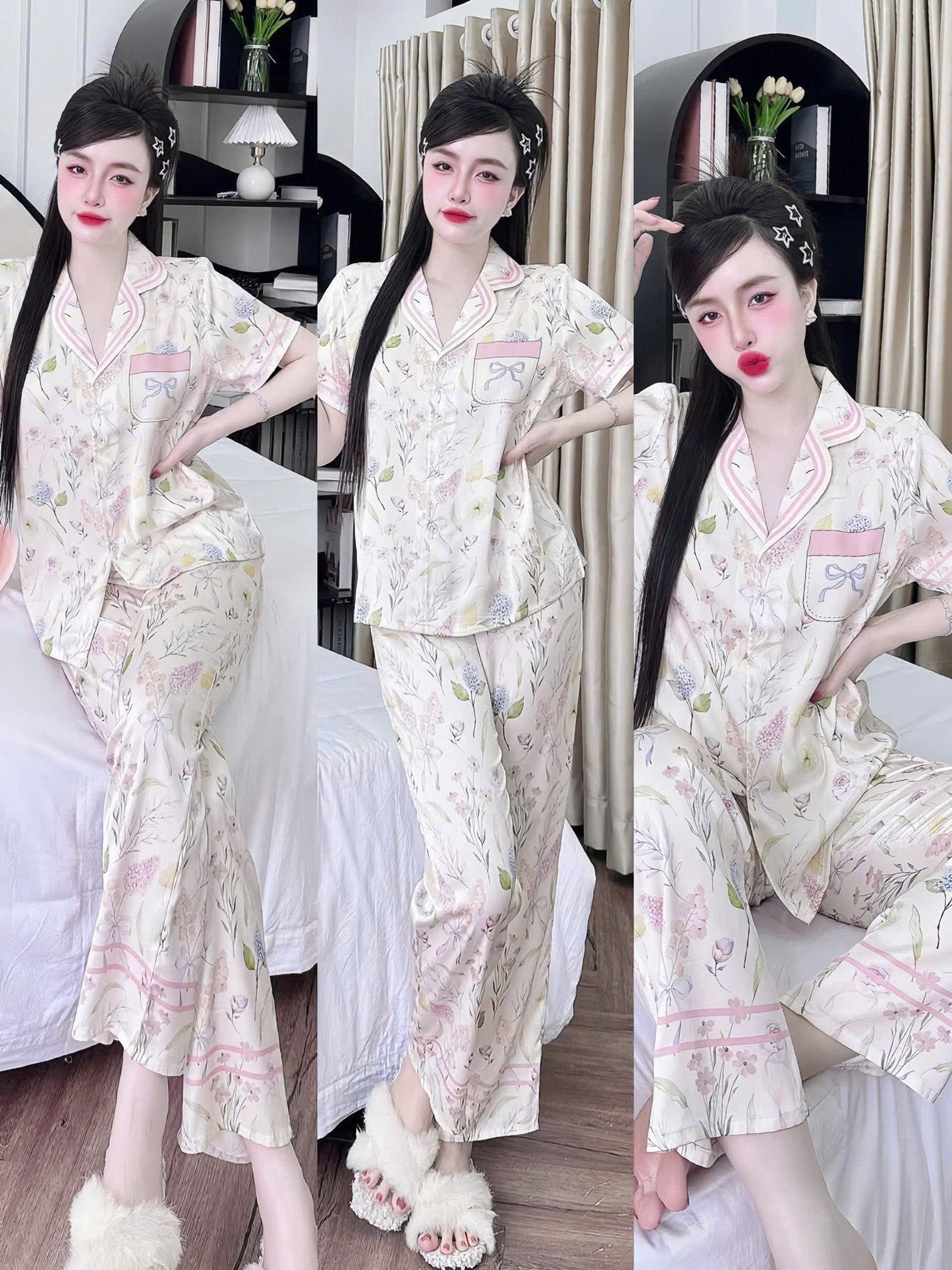 Bộ ngủ tay ngắn quần dài 3D hoa lá