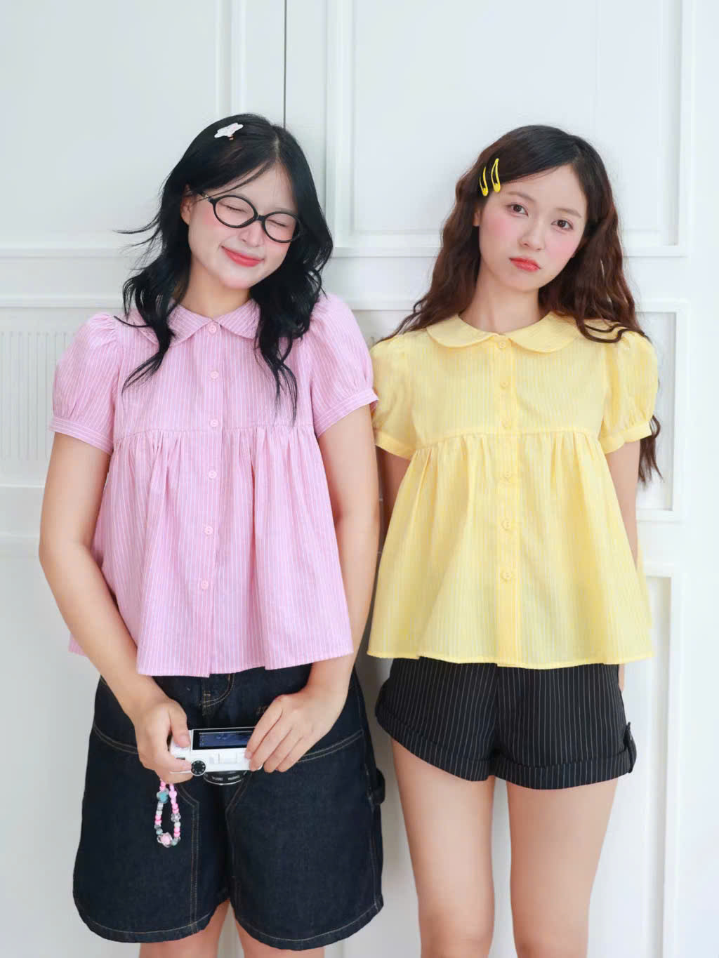 Áo babydoll cổ sơ mi tay bồng kẻ sọc local brand Việt Nam