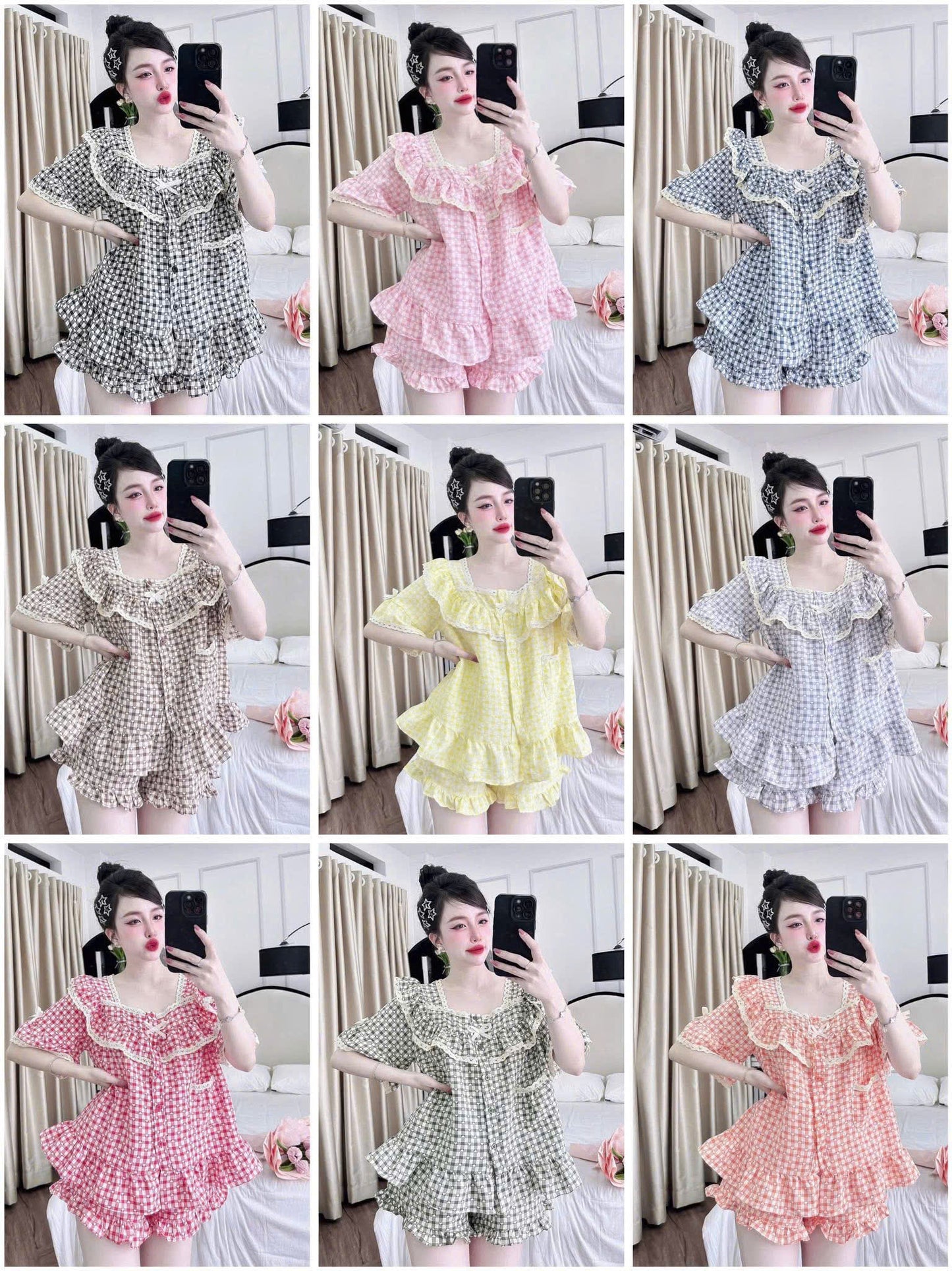 Bộ ngủ đùi caro tiểu thư phối bèo mới