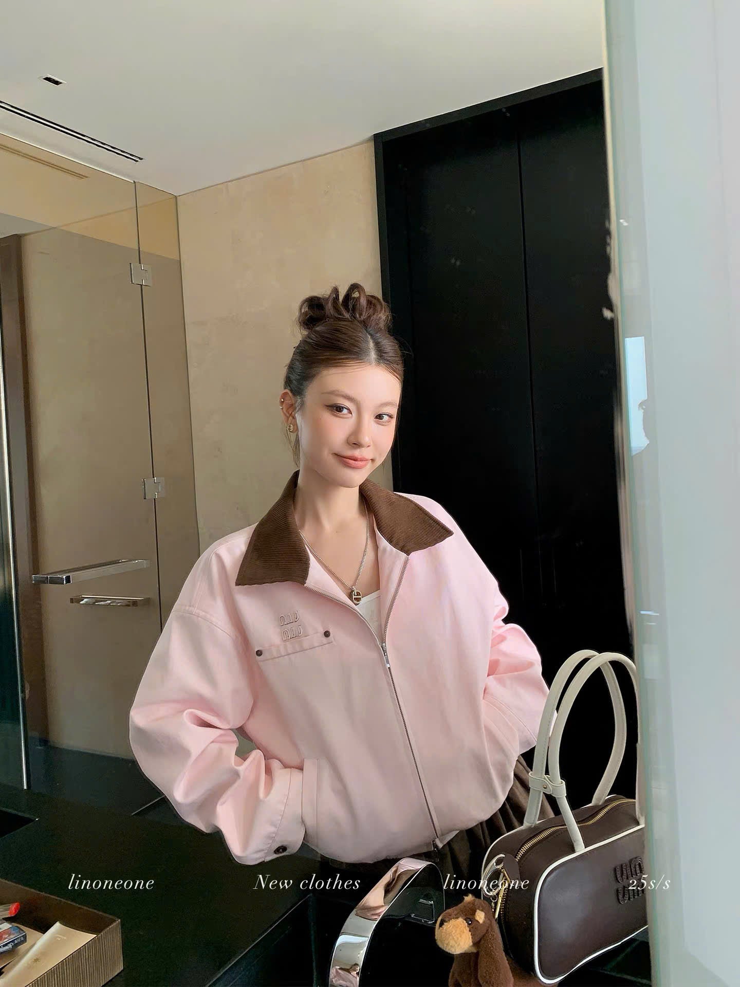 Áo khoác jacket hồng cổ nâu