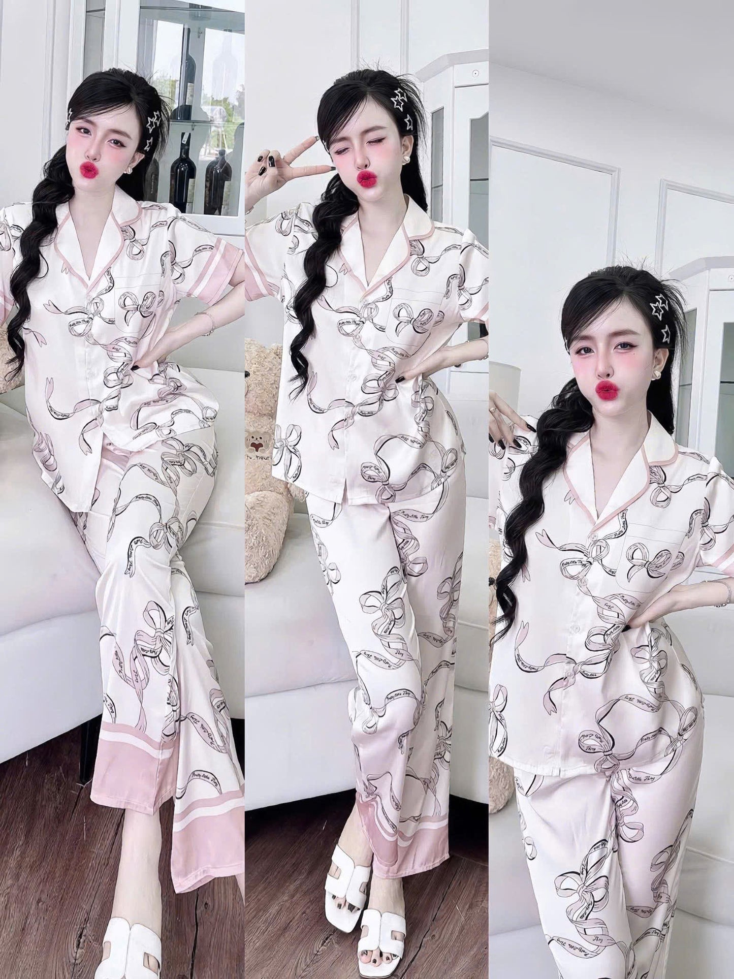 Bộ ngủ tay ngắn quần dài Flamingo lụa latin dưới 60kg