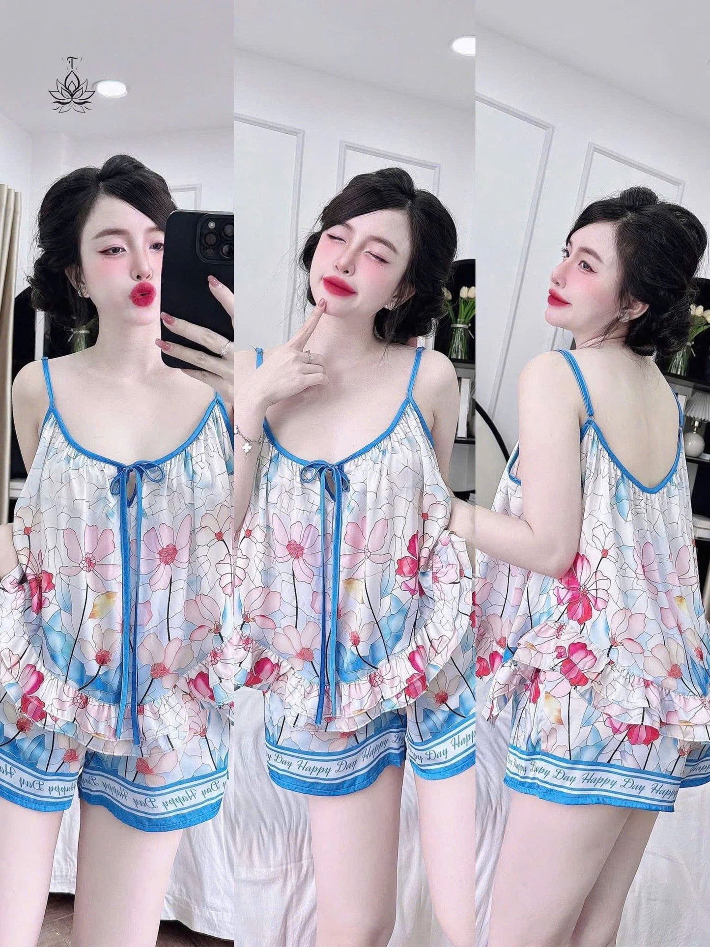 Bộ ngủ hoa 2 dây quần đùi lụa latin bèo đôi dưới 65kg