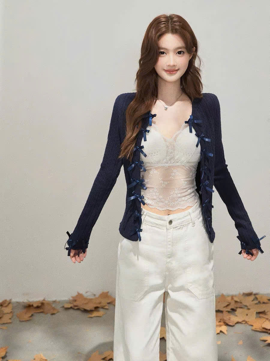Áo khoác cardigan xanh than đính nơ