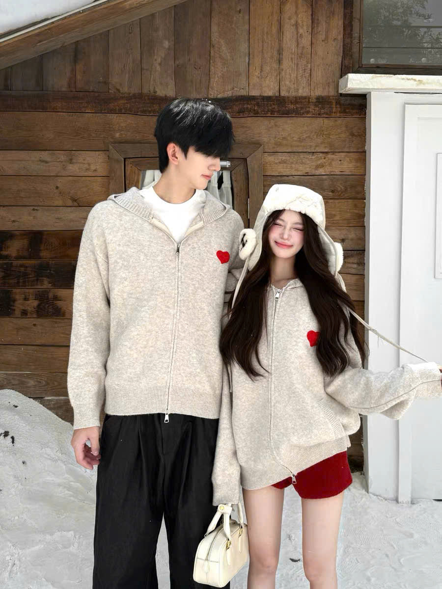 Áo hoodie zip cặp đôi xám tiêu thêu trái tim