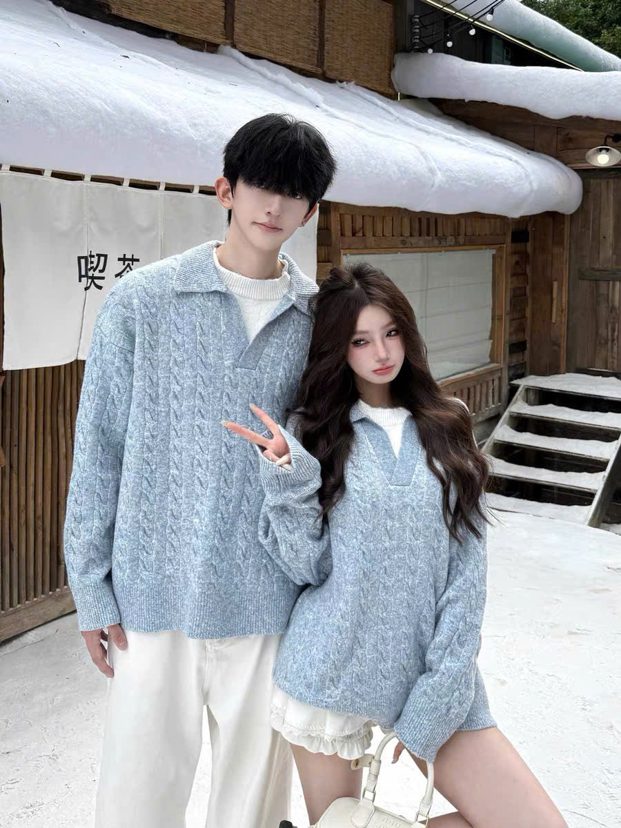 Áo len cặp đôi xanh dương nhạt có cổ