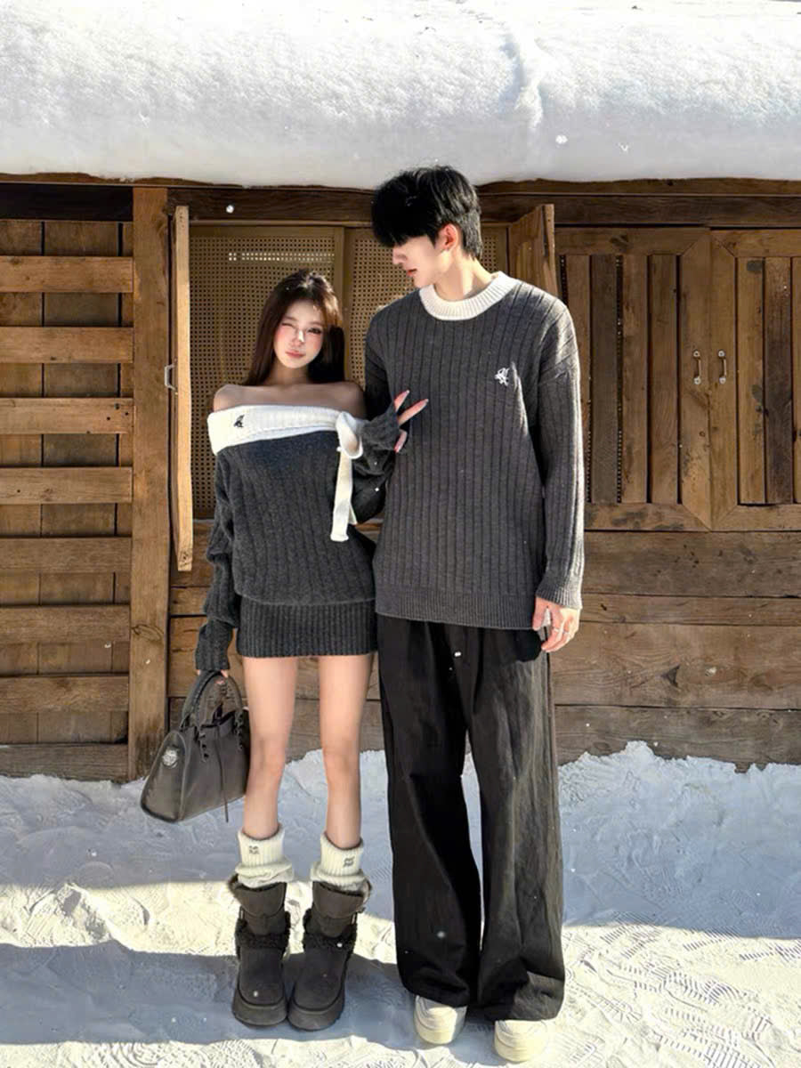 Áo len xám cho cặp đôi sweater nam váy trễ vai phối nơ nữ