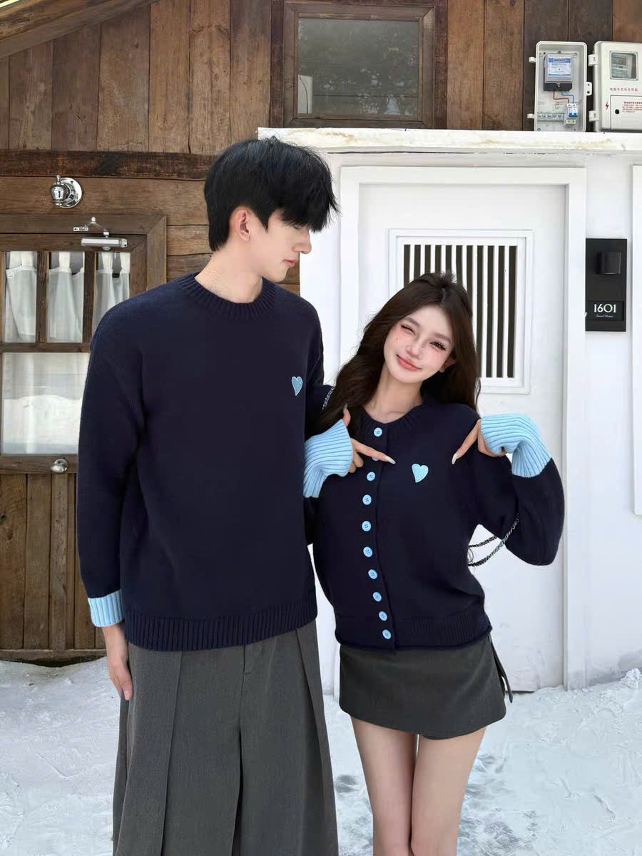 Áo len xanh than cho cặp đôi sweater nam cardigan nữ