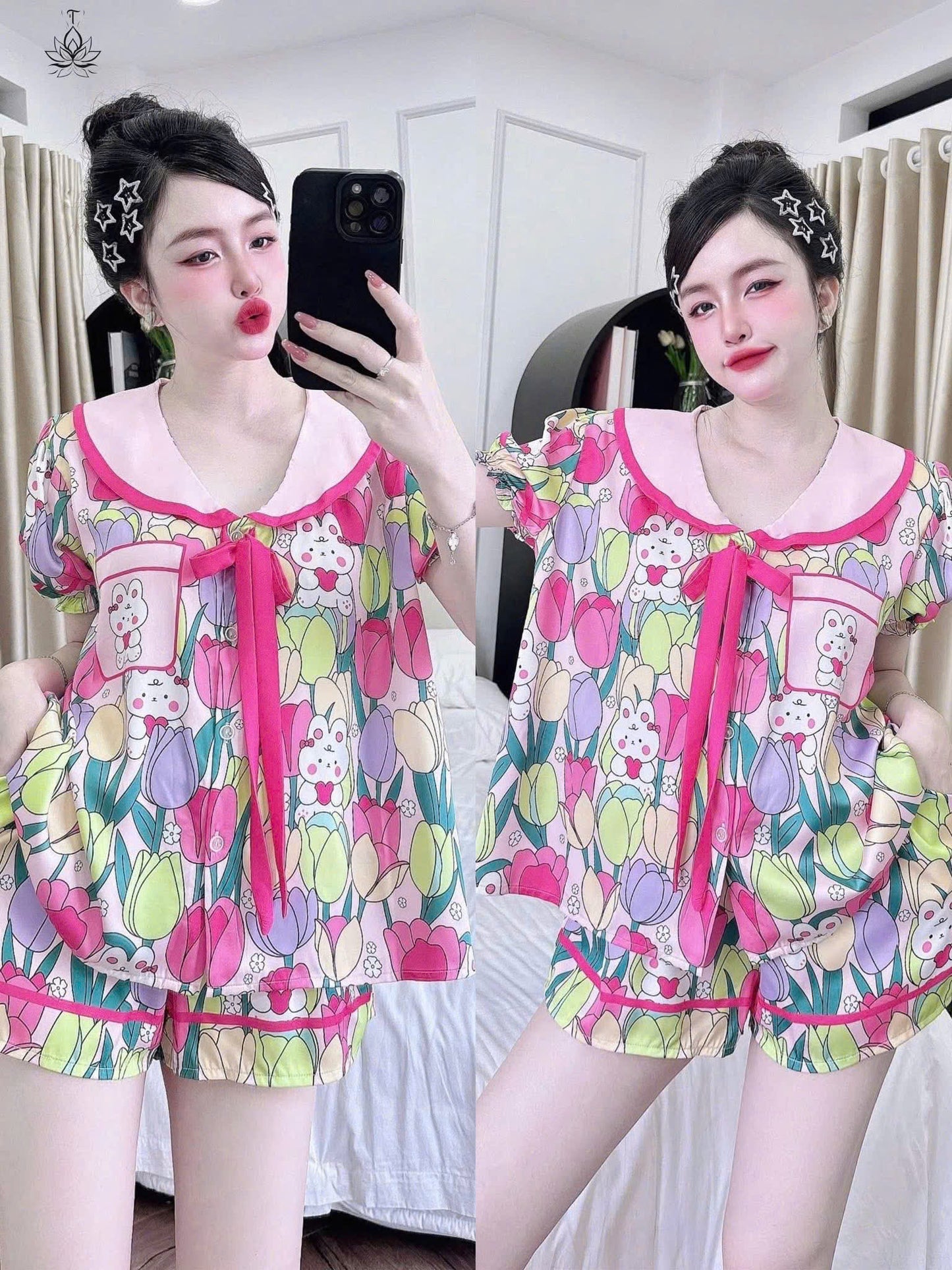 Bộ ngủ đùi lụa latin cổ sen cao cấp
