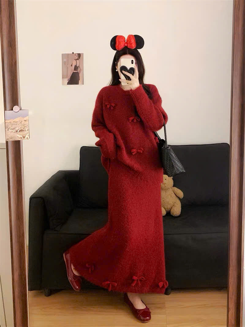 Set áo váy len dài đính nơ màu trơn mùa đông