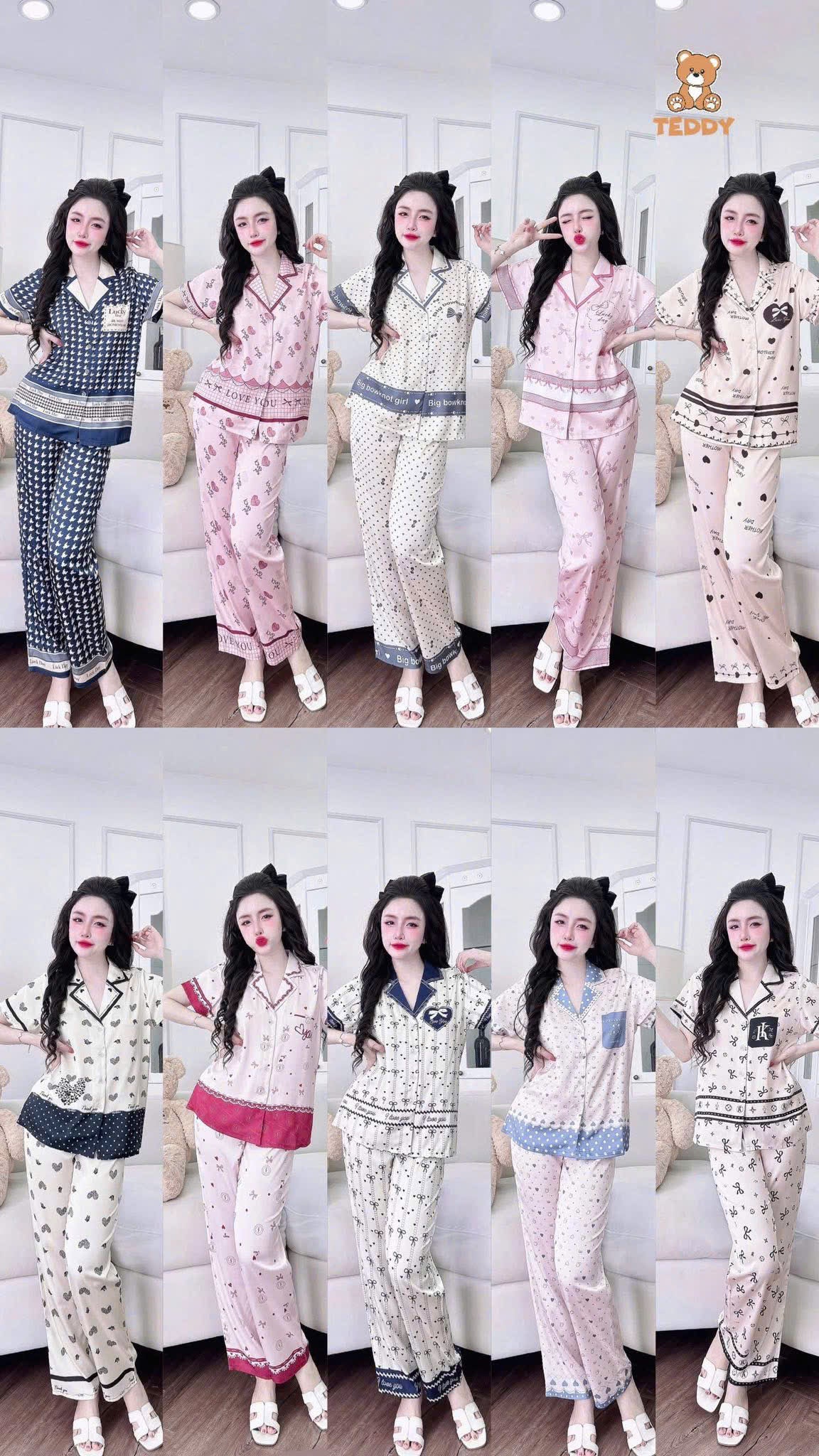 Bộ ngủ tay ngắn Teddy Lattin kiểu cổ vuông nhọn viền phối new