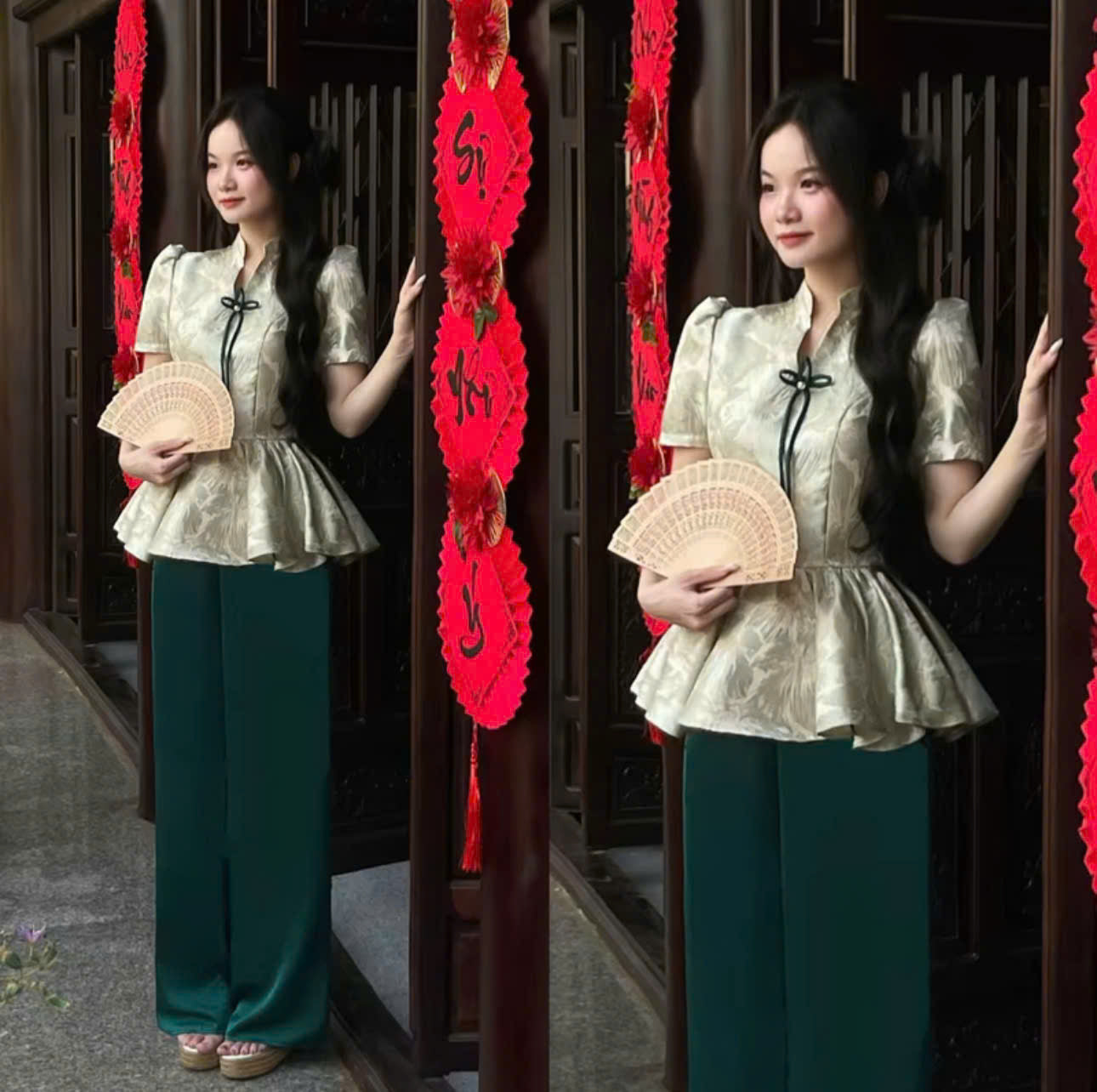 Áo dài xinh du xuân và set đồ áo cách tân cổ trụ tay ngắn quần dài