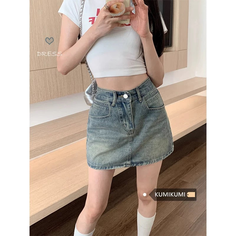 Chân váy denim cạp cao gom order 27$