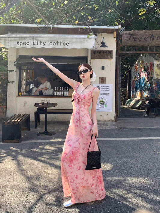 Đầm dài 2 dây tone hồng họa tiết hoa xinh