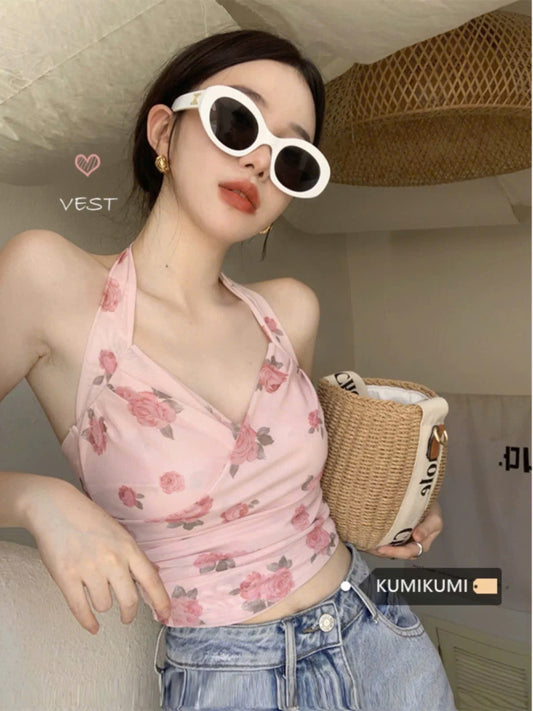 Áo cổ yếm hoạ tiết hoa hồng