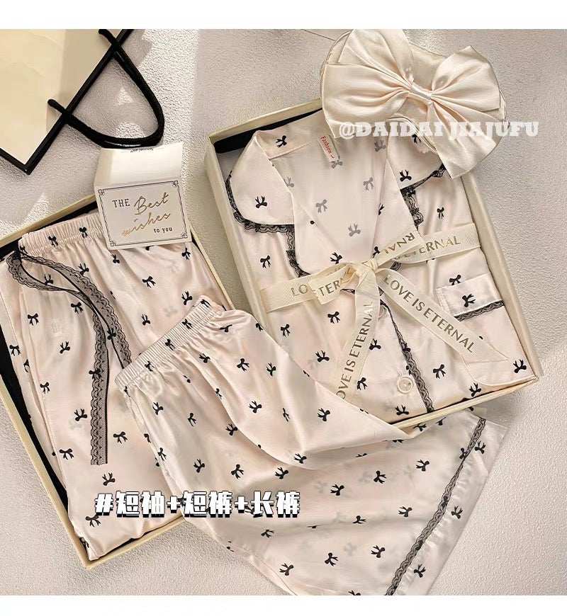 Pijama be nơ viền ren đen dài ngắn