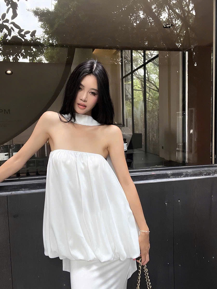 Set áo ống phồng bí phối chân váy dài tone trắng