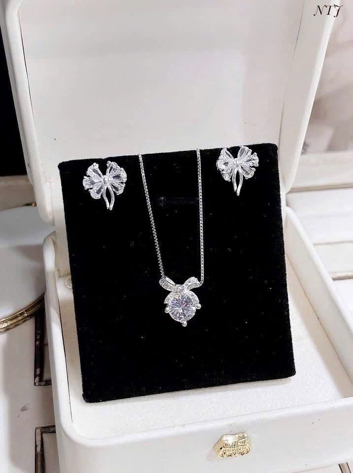 Bộ khuyên tai & dây chuyền bạc sáng