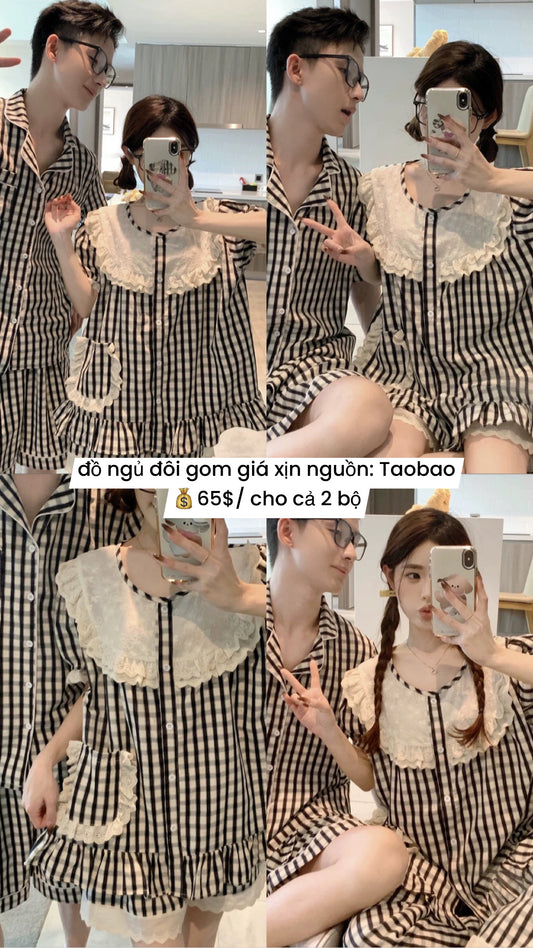 Đồ ngủ đôi ngắn caro viền bèo 2 bộ chỉ 65$