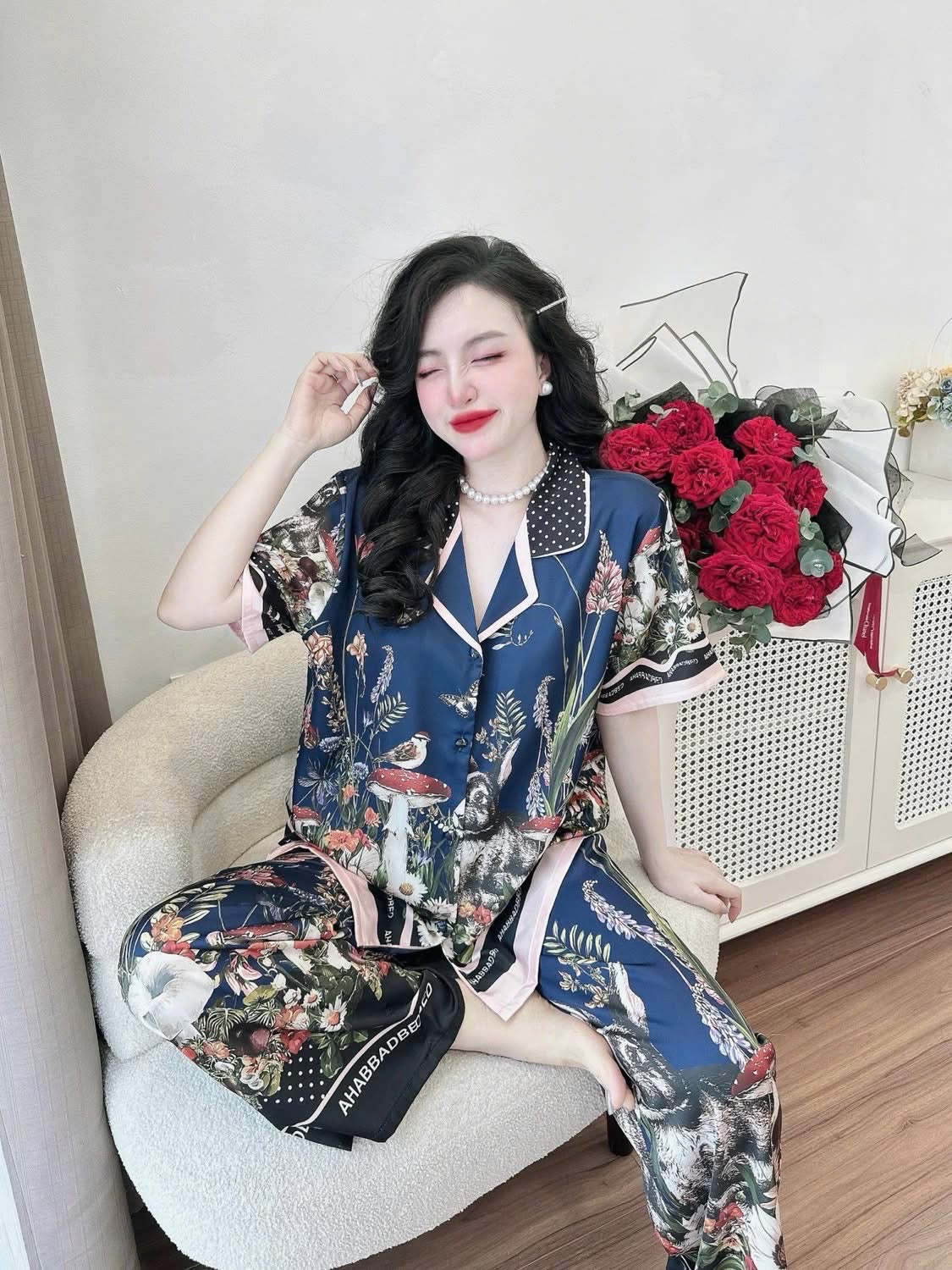 Pijama lụa latin tay ngắn quần dài