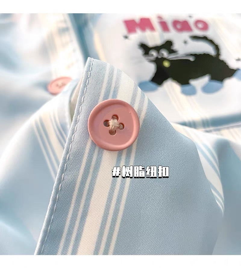 Pijama dài xanh sọc trắng hình mèo Miao
