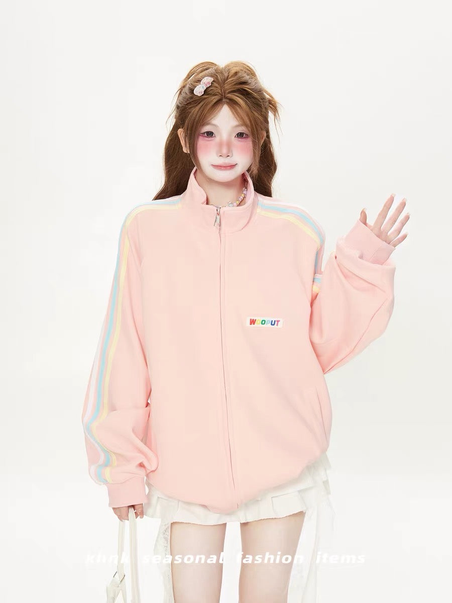 Áo khoác jacket cổ đứng sọc xanh hồng vàng