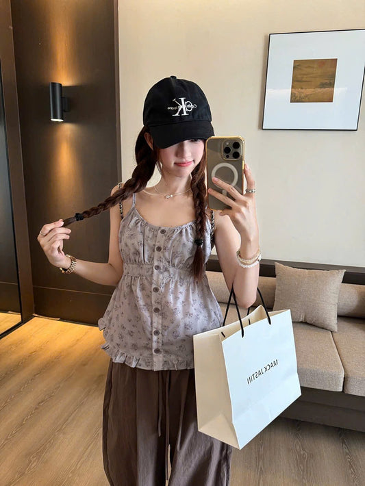 Set xinh áo 2 dây hoa nhí dễ thương phối cùng quần suông