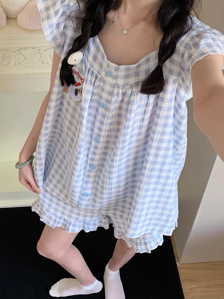 Bộ ngủ đùi caro tím viền bèo