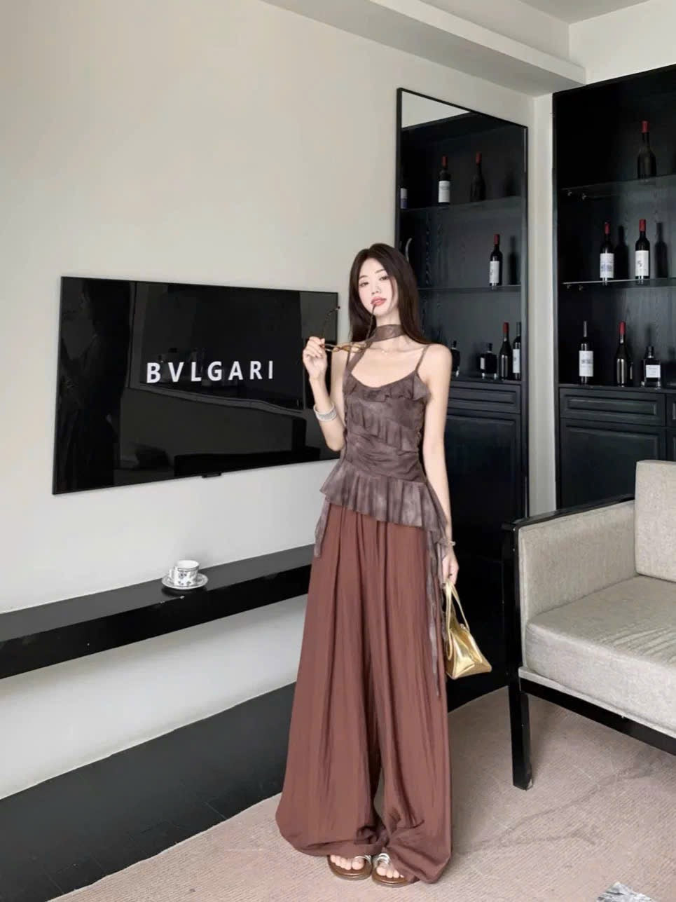 Set áo 2 dây viền bèo + quần ống rộng mềm mại