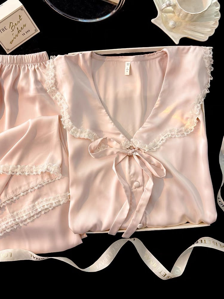 Pijama dài hồng cột nơ tiểu thư
