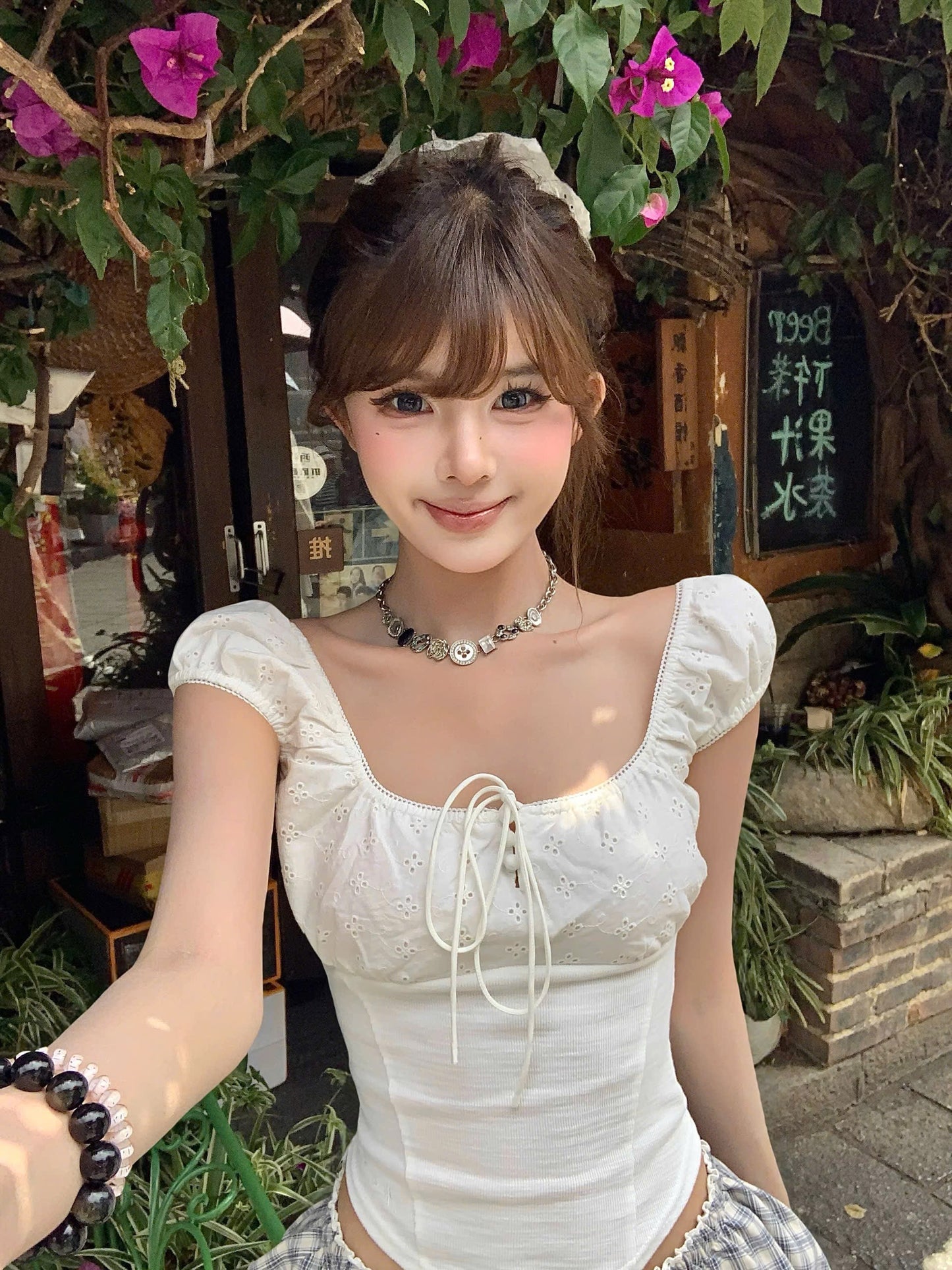 Set áo kiểu trắng phối quần bí caro lưng chun siêu xinh xẻo
