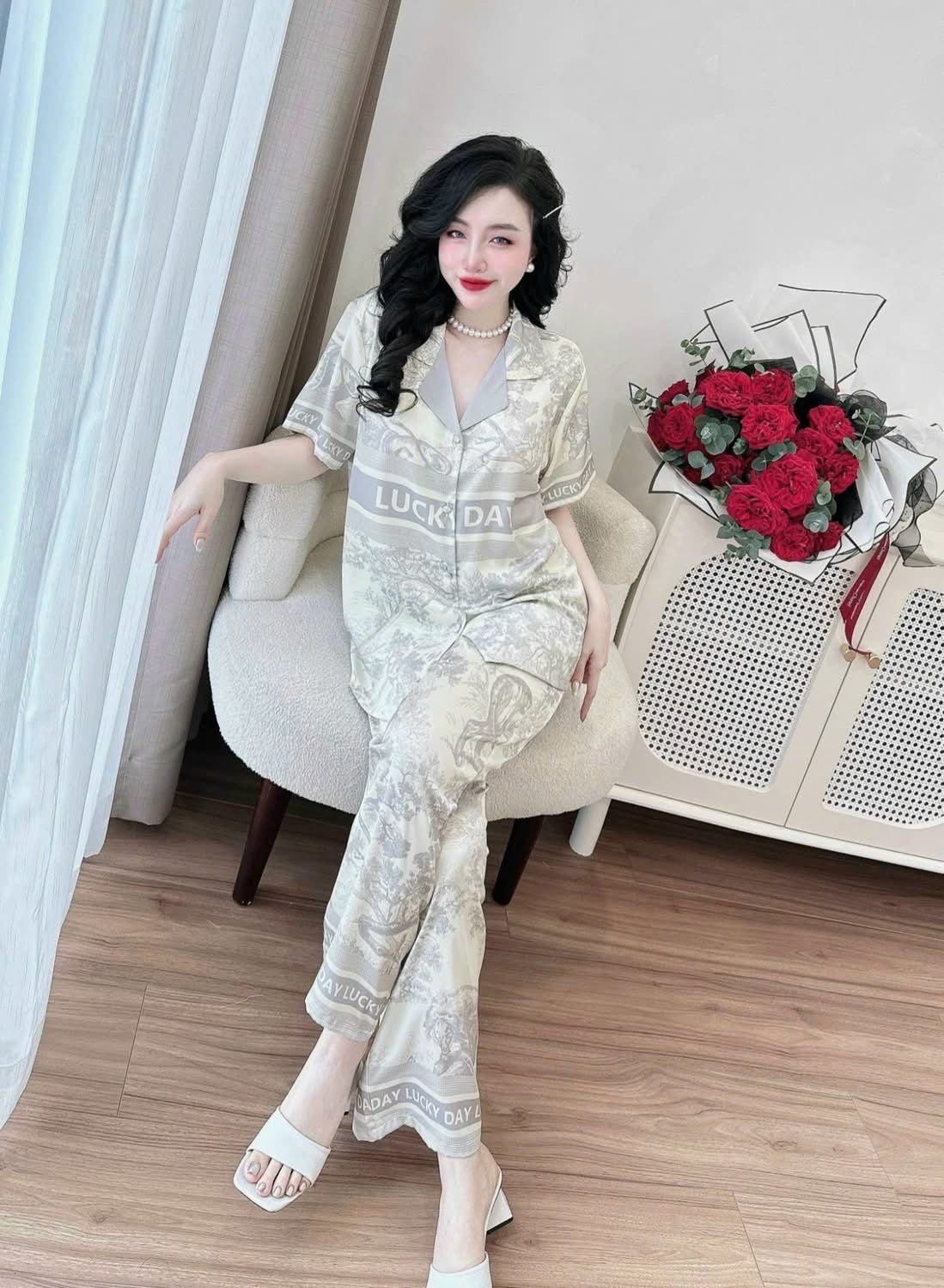 Pijama lụa latin tay ngắn quần dài