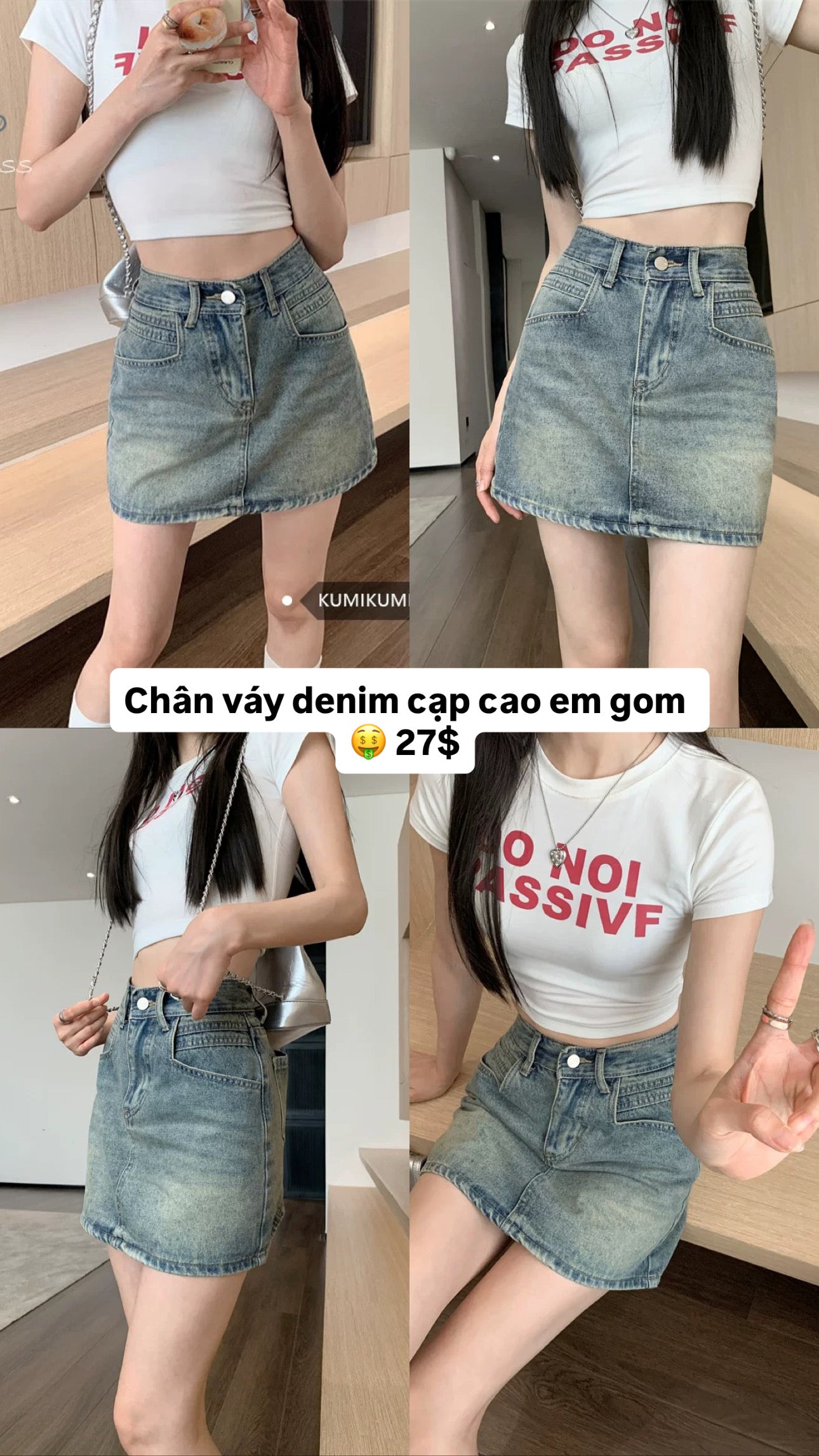 Chân váy denim cạp cao gom order 27$