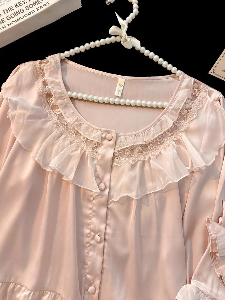 Pijama dài lụa hồng bo chun viền bèo