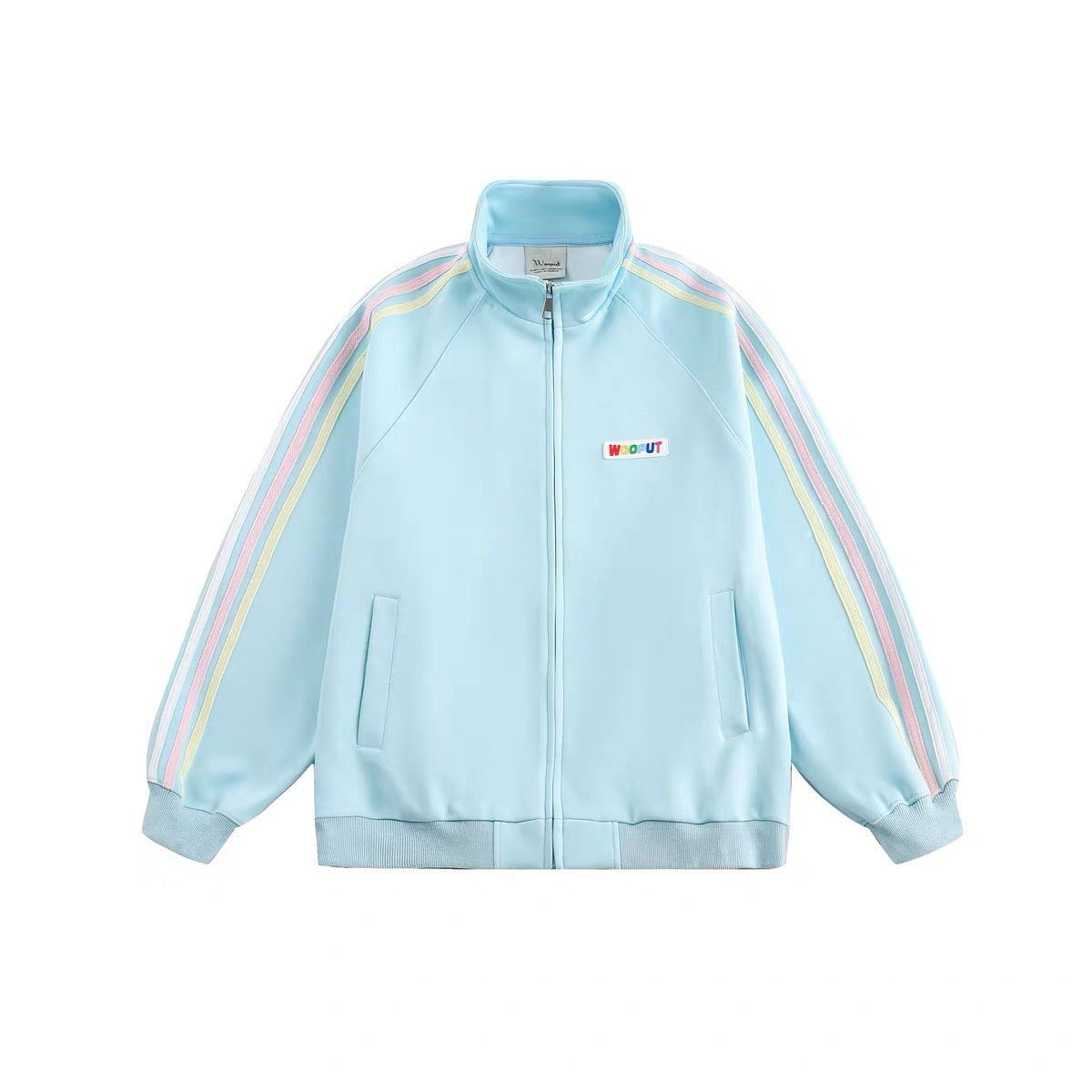 Áo khoác jacket cổ đứng sọc xanh hồng vàng