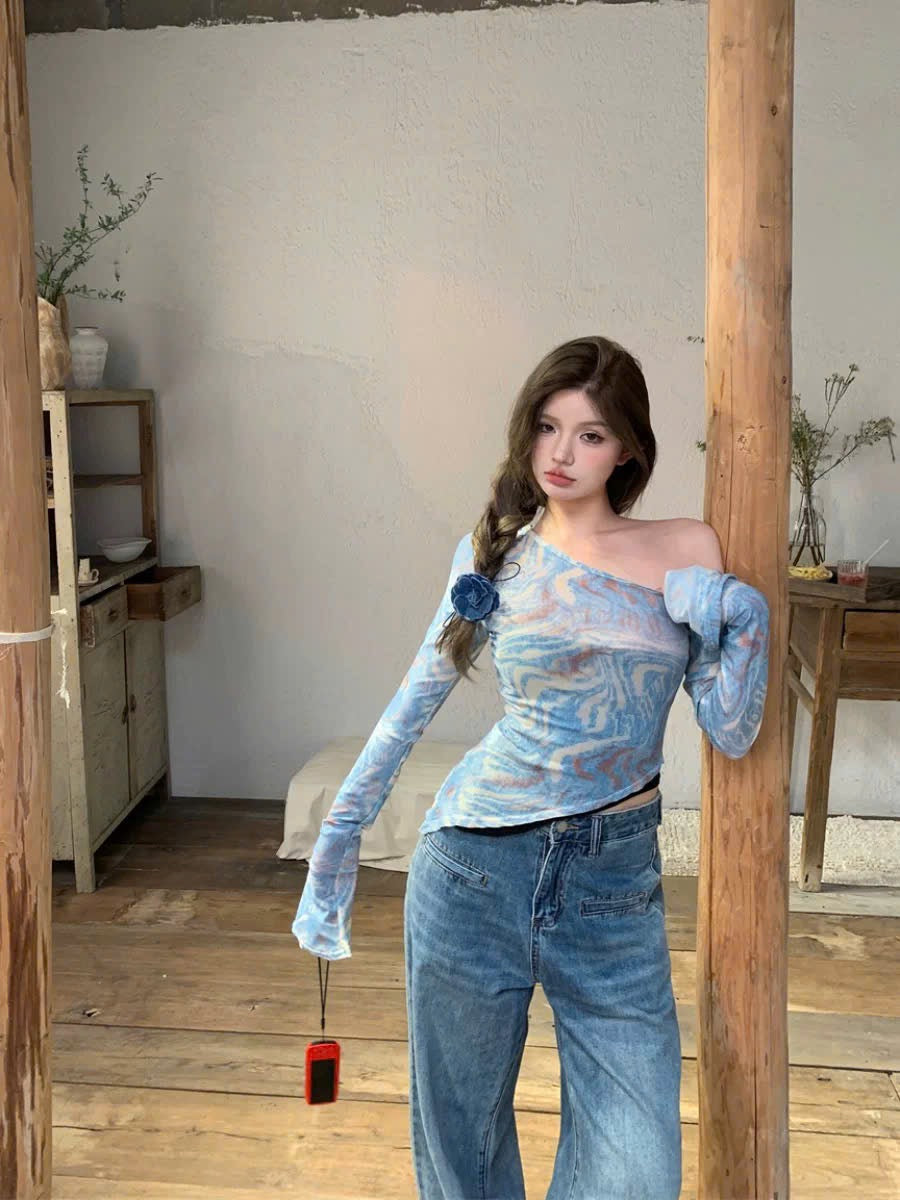 Áo kiểu tay dài lệch vai