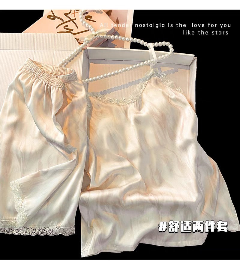 Bộ ngủ lụa 2 dây ren có mút lót