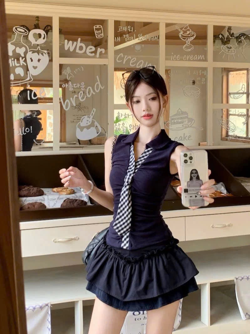 Set áo sơ mi kẻ sọc cổ cà vạt