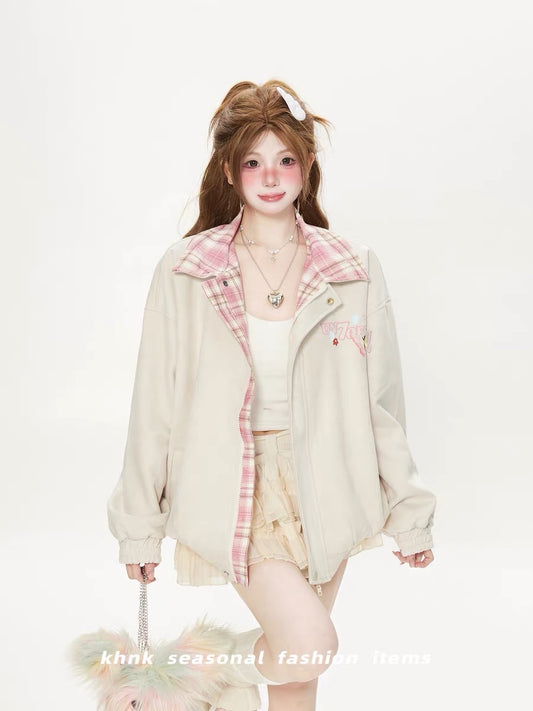 Áo khoác jacket cổ caro hồng