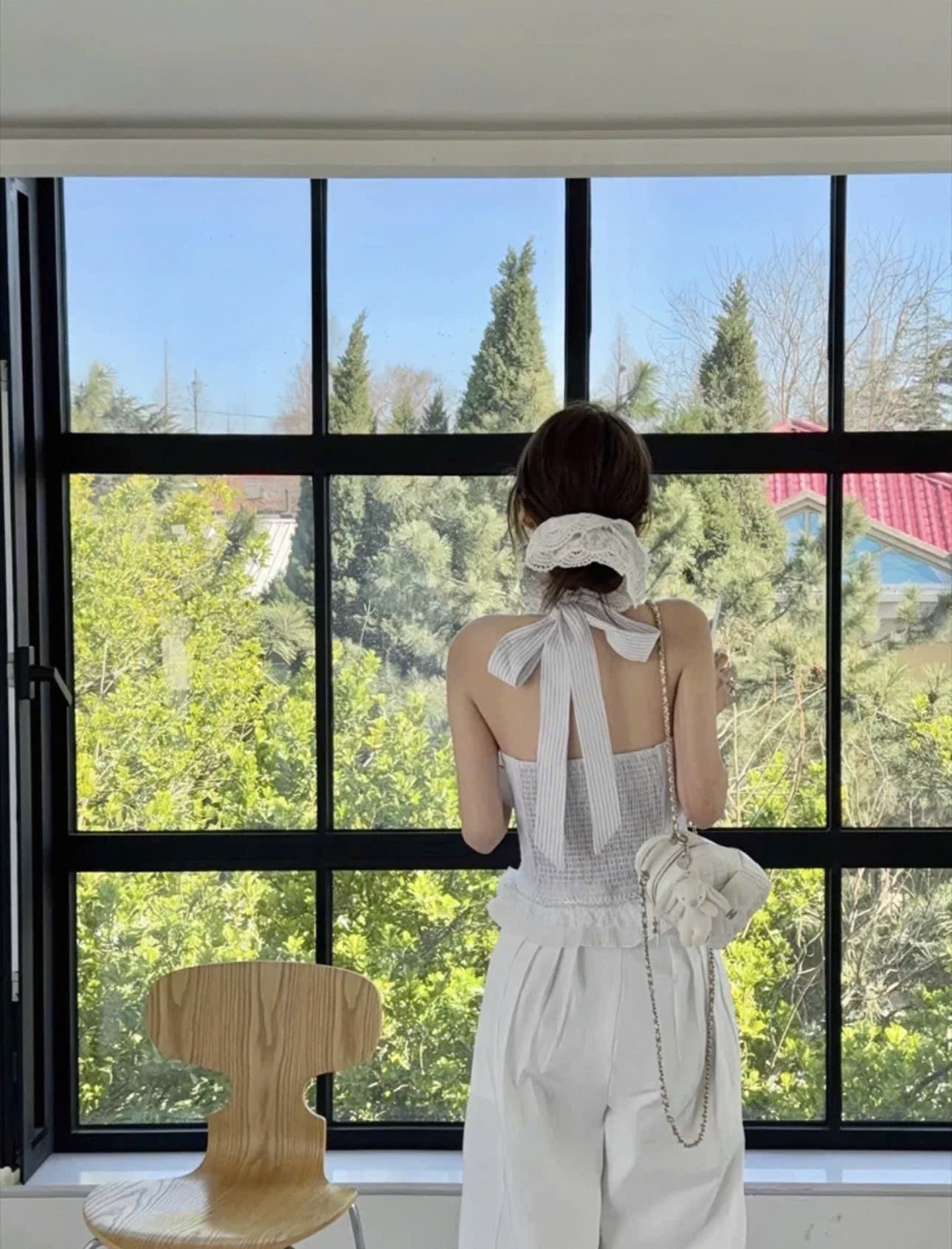 Set hè áo cổ yếm buộc nơ mix quần ống rộng