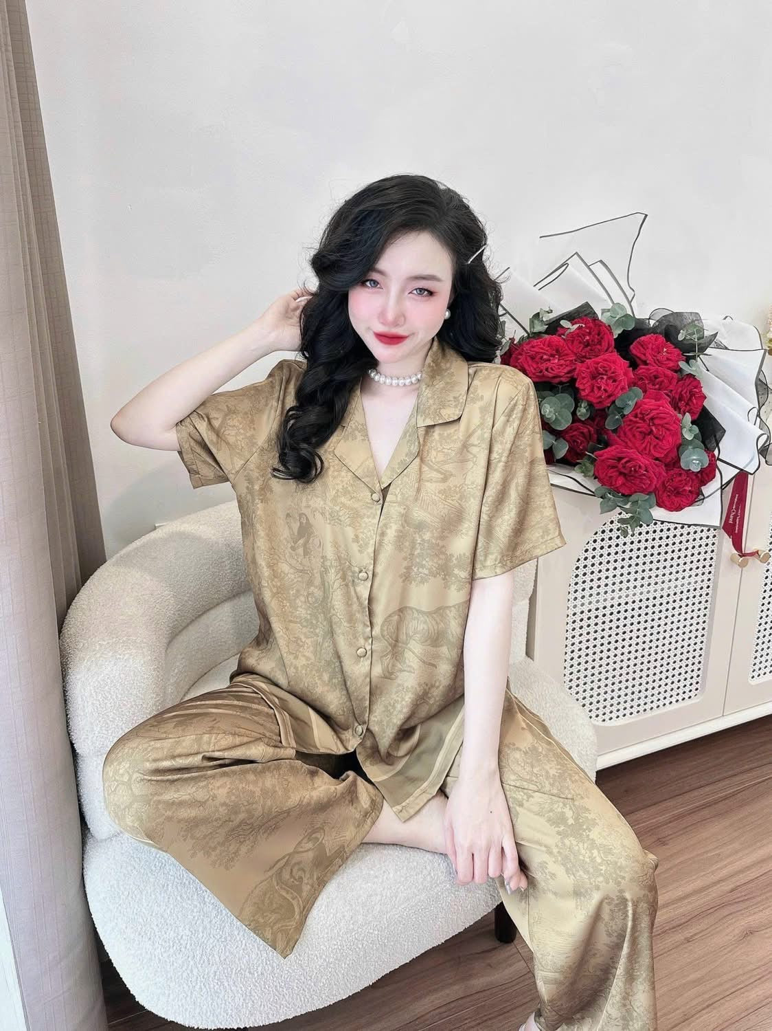 Pijama lụa latin tay ngắn quần dài